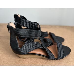 Lucky Brand Women's Netta Black Boho Chic Woven Low Wedge Heel Sandals Size 9.5
